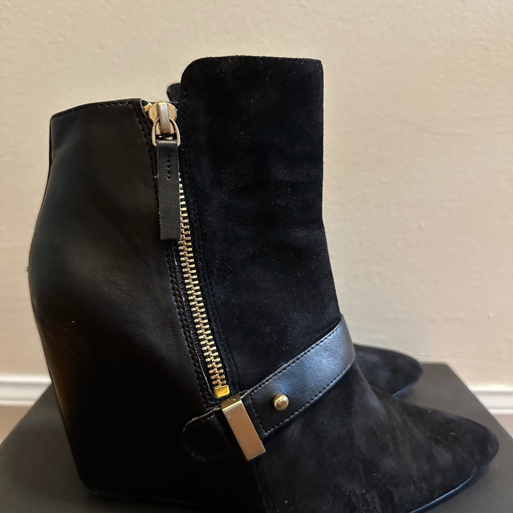 Black Suede and Leather Wedge Ankle Boots